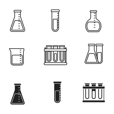 Set of erlenmeyer flask and laboratory tube icons draw with line and black design isolated on white background