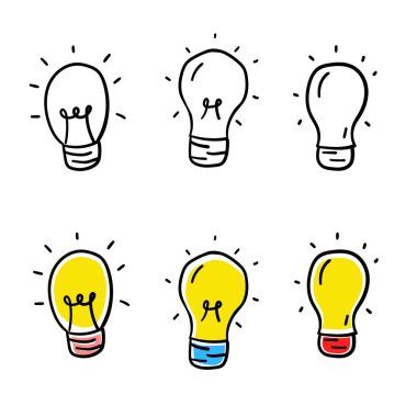 Light bulb vector draw in doodle style with colorful and black option isolated on white background	