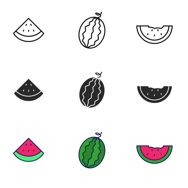 Watermelon Icons Collection Draw Outline Black Colorful Design Isolated White — Vetor de Stock