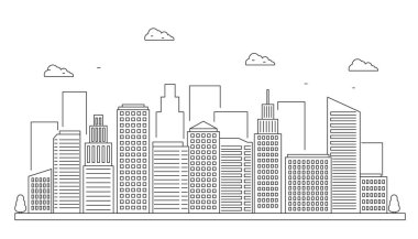 Modern city landscape vector illustration in thin line design on white background. City sketch	