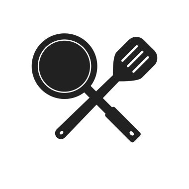 Crossed pan and spatula vector illustration in simple black design isolated on white background	