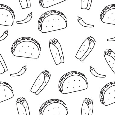 Taco and burrito seamless pattern in cute doodle hand drawn style suitable for background	