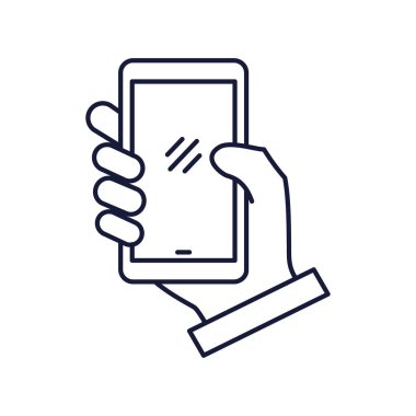 Hand holding phone icon in simple line design isolated on white background	