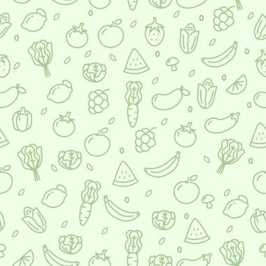 Fruits and vegetables seamless pattern in cute doodle style with green color suitable for background	
