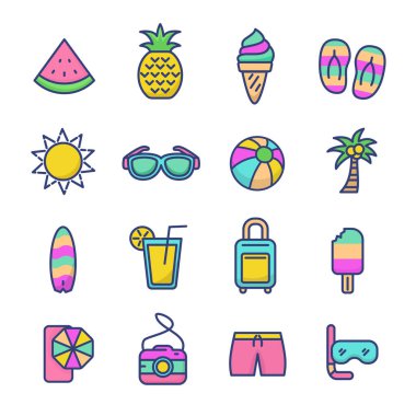 Set of summer related icons with colorful design such as palm tree, watermelon and more isolated on white background