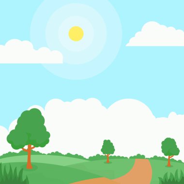 Nature landscape cartoon illustration with some trees, road, green grass and bright sky