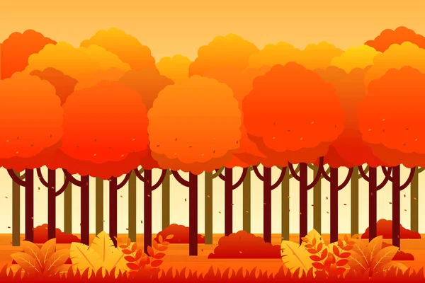 Forest landscape in autumn season vector illustration with yellow and orange leaves. Autumn trees background