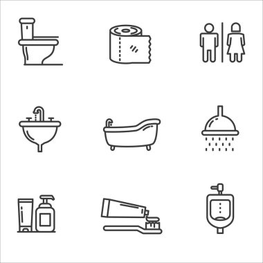 Set of toilet related icons in black line design isolated on white background	