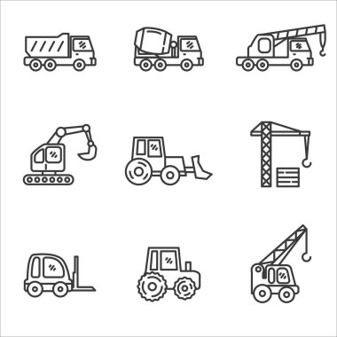 Set of heavy equipment icons in black line design. Heavy equipment vector illustration in black line design isolated on white background