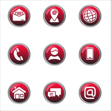 Set of contact icon in glossy red circle design isolated on white background