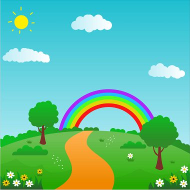 Colorful nature landscape vector illustration with rainbow, flowers and bright sky suitable for kids background