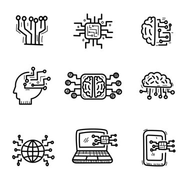 Set of artificial intelligence icons in cute doodle style isolated on white background