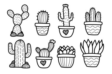 Set of cactus vector illustrations in cute doodle style isolated on white background