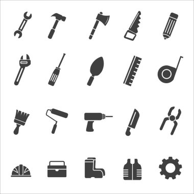 Set of engineering tools icons in simple glyph style. Engineering tools vector illustration in black and white design