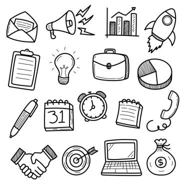 Beyaz arkaplanda izole edilmiş iş karalama vektör çizimleri kümesi