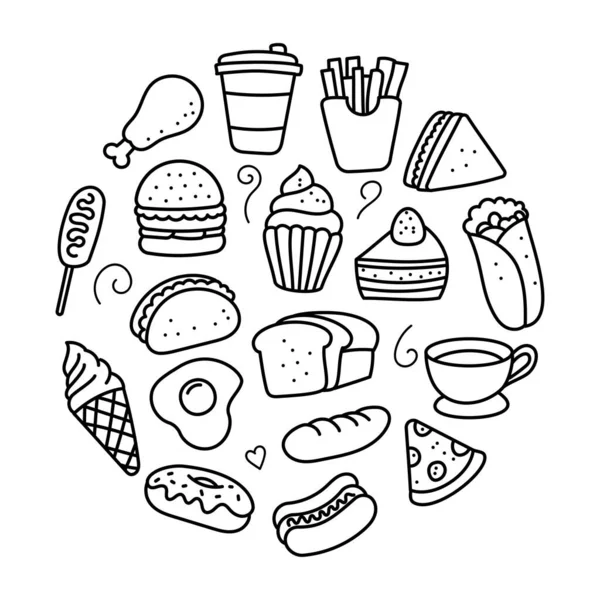 Colección Ilustraciones Doodle Alimentos Dispuestos Forma Círculo Aislado Sobre Fondo — Vector de stock