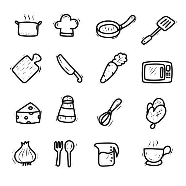 Set Ilustraciones Vectoriales Elementos Cocina Lindo Estilo Doodle Aislado Sobre — Vector de stock