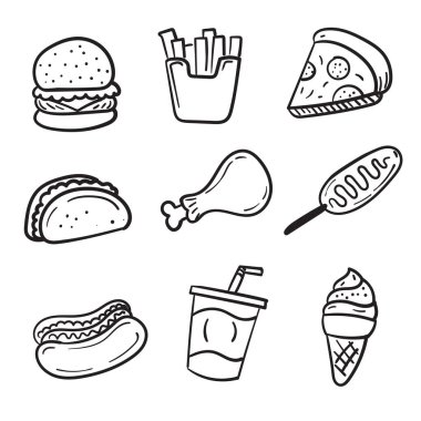 Beyaz arka planda izole edilmiş şirin karalama tarzında fast food vektör çizimi