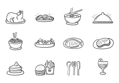 Beyaz arkaplanda izole edilmiş şirin karalama tarzında besin vektör çizimi