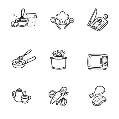 Beyaz arkaplanda karalama vektör çizimi seti. Elle çizilmiş yemek pişirme vektörü