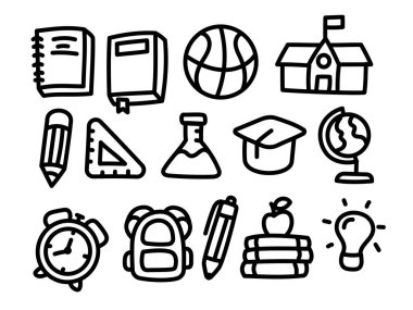 Okulun karalama koleksiyonu beyaz arka planda izole edilmiş. El çizimi okul unsurları kümesi