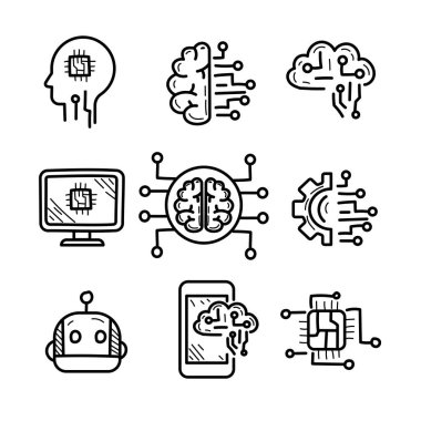 Beyaz arkaplandaki yapay zeka çizimleri. El yapımı yapay zeka elementleri 
