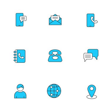 Beyaz arkaplanda mavi renkli iletişim simgeleri kümesi