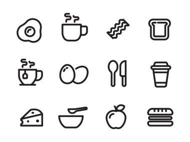Beyaz arkaplanda çizgi biçiminde kahvaltı simgeleri