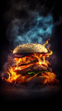 Sıcak ve taze lezzetli ızgara hamburger. Hareket