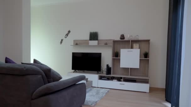 Wohnzimmer Mit Schlafcouch Modernes Dekor Wenig Licht Dreharbeiten Unterwegs Hochwertiges — Stockvideo