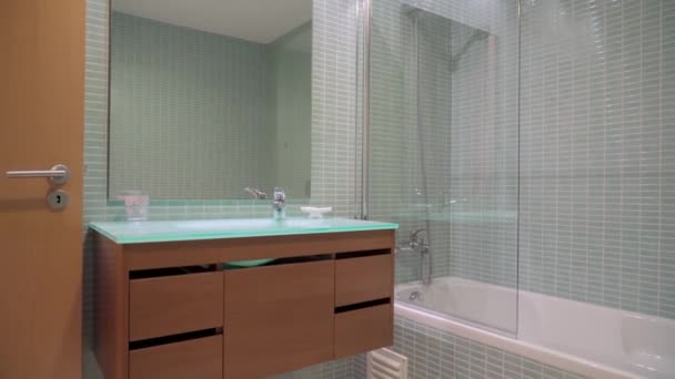 Nowoczesna Łazienka Prysznicem Hotelu Turystycznym Ręcznik Wannie Wysokiej Jakości Materiał — Wideo stockowe