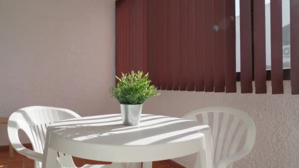 舒适而阳光普照的阳台上 有桌子和椅子 还有一个绿树成荫的播种机 阳光下的浪漫光芒冲破了窗户 高质量的4K镜头 — 图库视频影像