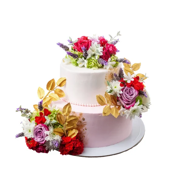 Tvådelad Bröllopstårta Vit Bakgrund Dekorerad Med Blommor Rosor Astrar Högkvalitativt — Stockfoto