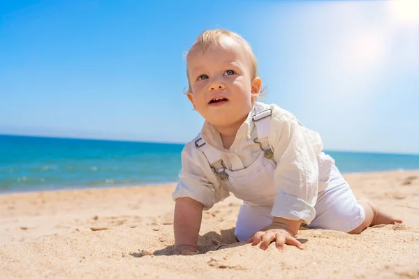 Small Child Boy Crawls Sand Beach Sunny Day High Quality — Stock Photo, Image