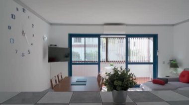 Otelde terasa erişimi olan minimalist bir oturma odası. Yüksek kalite 4k görüntü