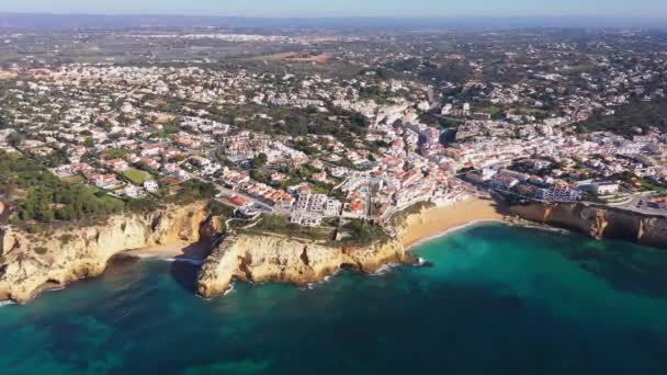 Beautiful Aerial Views Seaside Tourist Town Carvoeiro Cliff Beaches Traditional — Stock Video