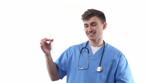 Medical Chemist Stethoscope Uniform Points Finger Syringe Vaccine Injections Smiles — Stockvideo