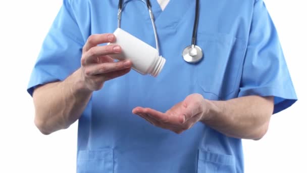 Doctor Uniform Stethoscope Pours Out Pills Jar Concept Limiting Spreading — Video Stock