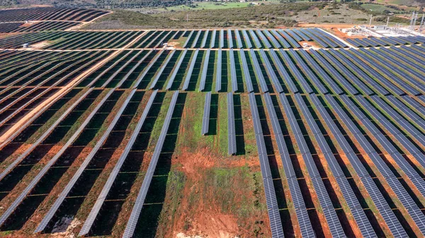 The stations solar panels cover the fields of the Portuguese hills to generate clean, ecological electrical energy. High quality photo
