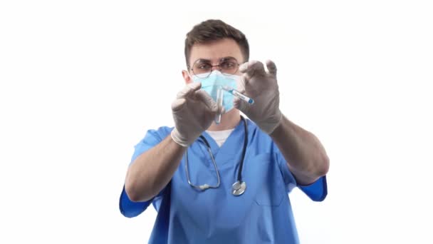Young Medic Doctor Chemist Stethoscope Pours Out Contents Test Tube — Stockvideo