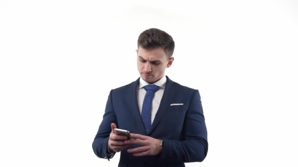 Young Male Businessman Slow Motion Smartphone His Hands Expresses Emotions — Video
