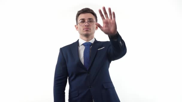 Man Businessman Suit Glasses White Background Shows Emotional Gesture His — Video
