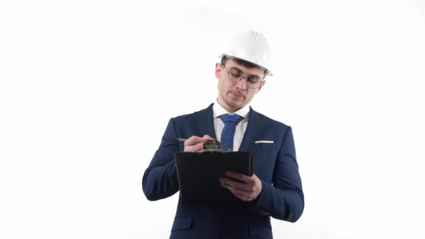 Male Businessman Suit Glasses Protective Helmet Thinks Makes Planning Notes — Vídeos de Stock