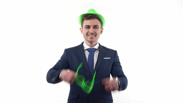 Guy Businessman Suit Cheerful Green Glasses Hat Rejoices Dances Bright — Stok video