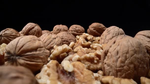 Lots Whole Walnuts Extreme Macro Shot Black Background High Quality — Stok video