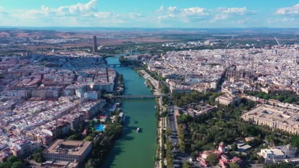 Flygfoto Gammal Historisk Europeisk Stad Sevilla Spanien Sommaren Solig Dag — Stockvideo
