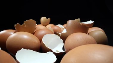 Raw chicken eggs and shells on a black background. High quality 4k footage