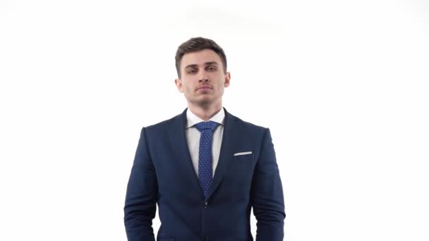 Handsome Male Businessman Suit Conceived Solving Problem Neutral Emotions Studio — Video