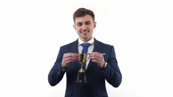 Male Businessman Suit Tie Holds Prize Cup His Hands First — Video