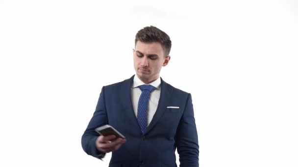 Young Male Businessman Suit Smartphone Rejoices Winning Lottery Emotions Positive — Wideo stockowe